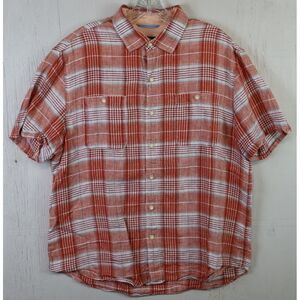 Mens Tommy Bahama Button Front Shirt Linen‎ Size L Plaid Orange White